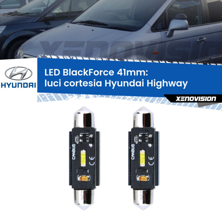 0 Luci Cortesia LED per Hyundai Highway posteriori: C5W BlackForce 41mm (Coppia) <strong>Luci Cortesia LED per Hyundai Highway</strong> posteriori. Coppia lampade <strong>C5W</strong> 41mm modello BlackForce canbus.