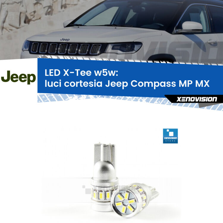 <strong>LED luci cortesia per Jeep Compass</strong> MP MX 2017 in poi. Lampade <strong>W5W</strong> modello X-Tee Xenovision top di gamma.
