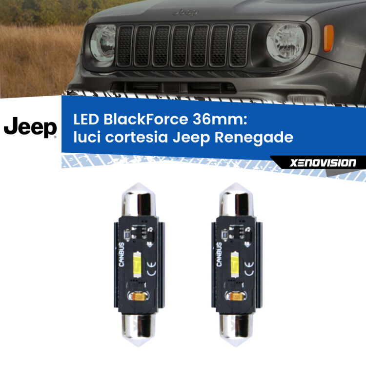 0 Luci Cortesia LED per Jeep Renegade 2014 in poi: C5W BlackForce 36mm (Coppia) <strong>Luci Cortesia LED per Jeep Renegade</strong> 2014 in poi. Coppia lampade <strong>C5W</strong> 36mm modello BlackForce canbus.