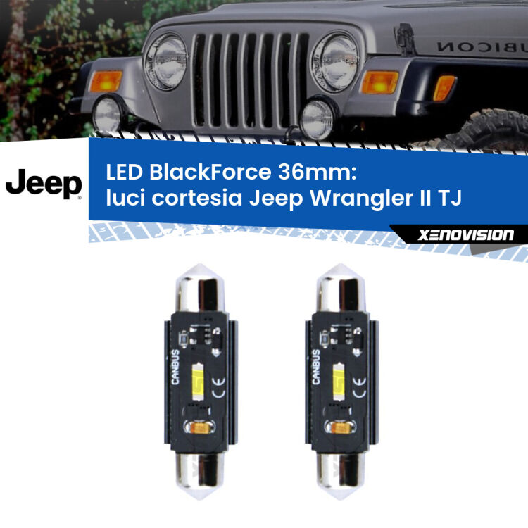 0 Luci Cortesia LED per Jeep Wrangler II TJ 1996 - 2005: C5W BlackForce 36mm (Coppia) <strong>Luci Cortesia LED per Jeep Wrangler II</strong> TJ 1996 - 2005. Coppia lampade <strong>C5W</strong> 36mm modello BlackForce canbus.