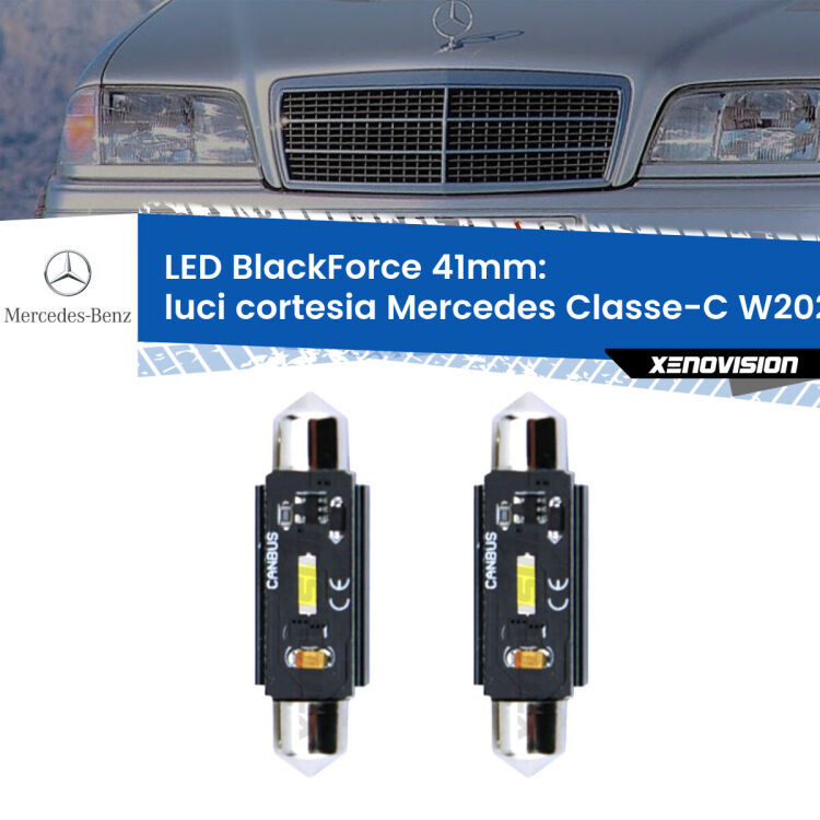 0 Luci Cortesia LED per Mercedes Classe-C W202 1993 - 2000: C5W BlackForce 41mm (Coppia) <strong>Luci Cortesia LED per Mercedes Classe-C</strong> W202 1993 - 2000. Coppia lampade <strong>C5W</strong> 41mm modello BlackForce canbus.