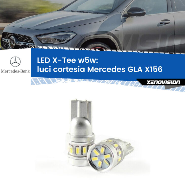 0 Luci Cortesia LED per Mercedes GLA X156 anteriori: W5W X-Tee <strong>LED luci cortesia per Mercedes GLA</strong> X156 anteriori. Lampade <strong>W5W</strong> modello X-Tee Xenovision top di gamma.