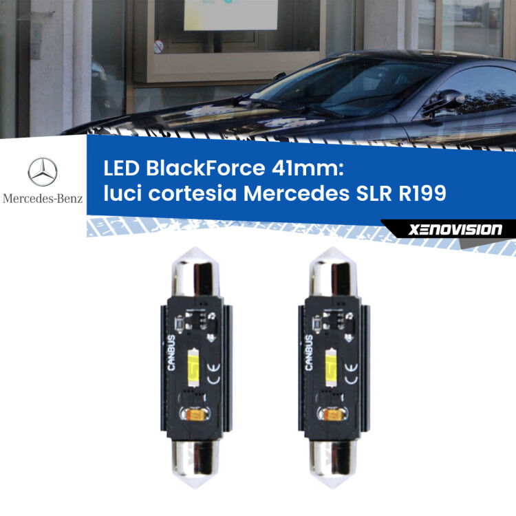 0 Luci Cortesia LED per Mercedes SLR R199 2004 in poi: C5W BlackForce 41mm (Coppia) <strong>Luci Cortesia LED per Mercedes SLR</strong> R199 2004 in poi. Coppia lampade <strong>C5W</strong> 41mm modello BlackForce canbus.