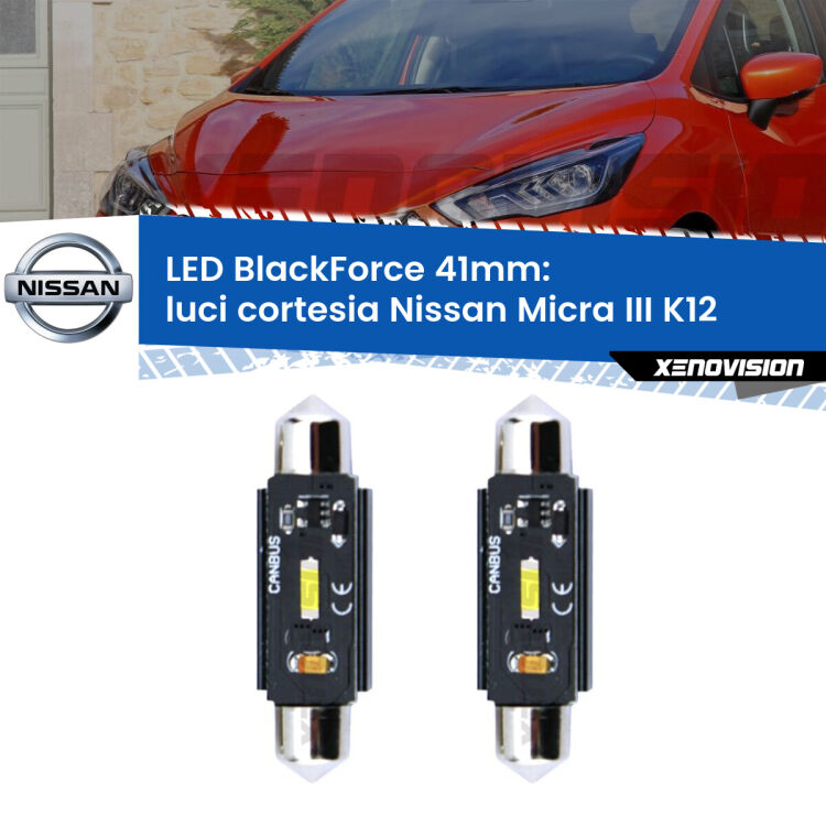 0 Luci Cortesia LED per Nissan Micra III K12 2002 - 2010: C5W BlackForce 41mm (Coppia) <strong>Luci Cortesia LED per Nissan Micra III</strong> K12 2002 - 2010. Coppia lampade <strong>C5W</strong> 41mm modello BlackForce canbus.