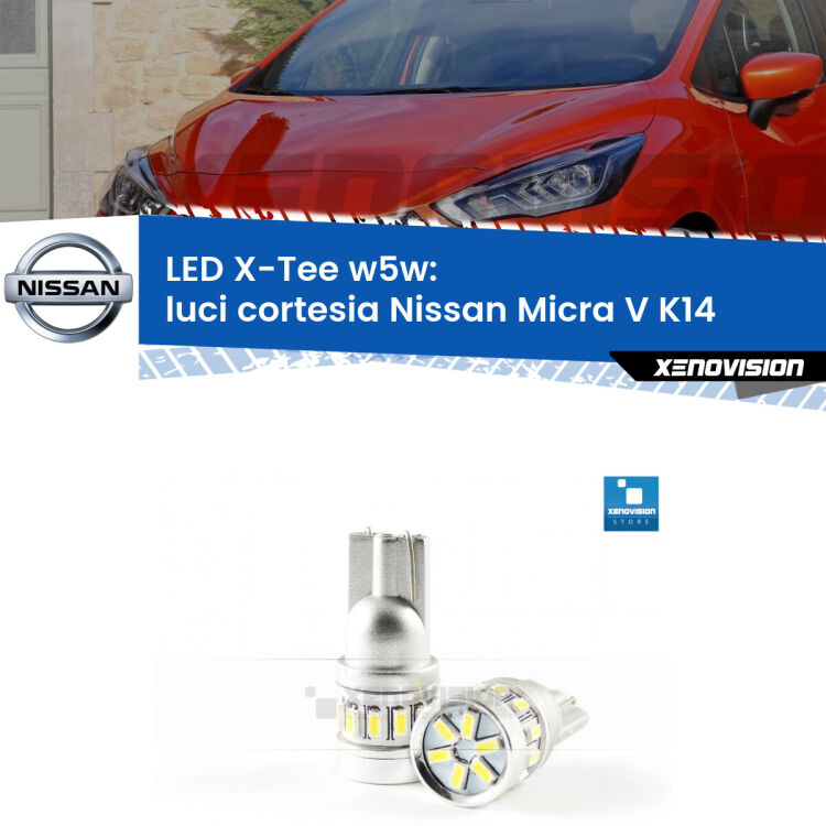 <strong>LED luci cortesia per Nissan Micra V</strong> K14 2016 in poi. Lampade <strong>W5W</strong> modello X-Tee Xenovision top di gamma.