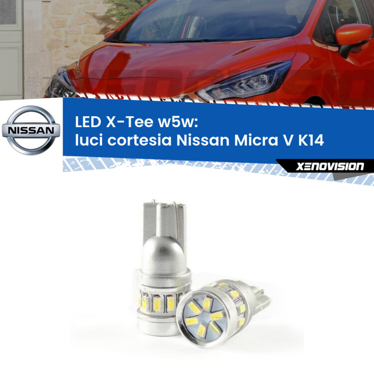 0 Luci Cortesia LED per Nissan Micra V K14 2016 in poi: W5W X-Tee <strong>LED luci cortesia per Nissan Micra V</strong> K14 2016 in poi. Lampade <strong>W5W</strong> modello X-Tee Xenovision top di gamma.