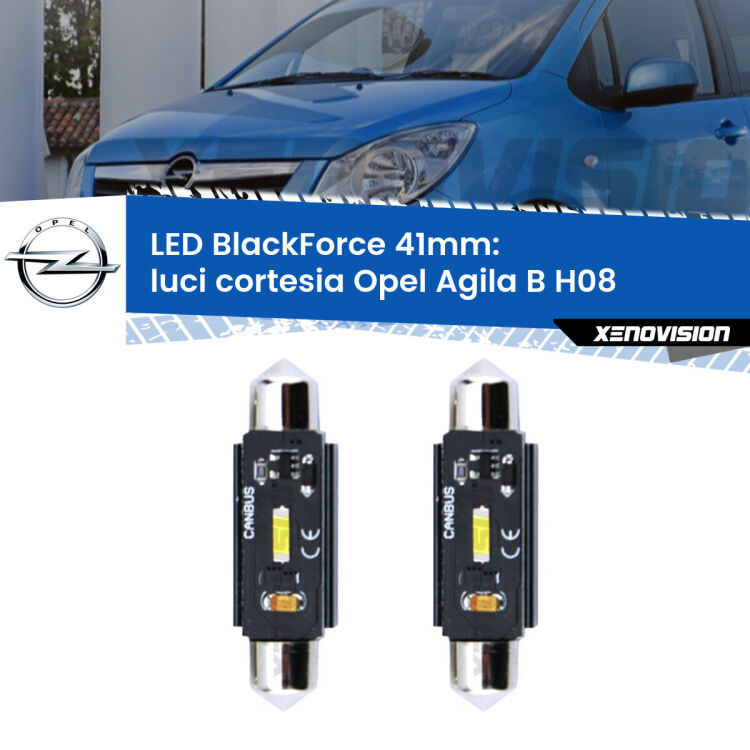 0 Luci Cortesia LED per Opel Agila B H08 2008 - 2014: C5W BlackForce 41mm (Coppia) <strong>Luci Cortesia LED per Opel Agila B</strong> H08 2008 - 2014. Coppia lampade <strong>C5W</strong> 41mm modello BlackForce canbus.