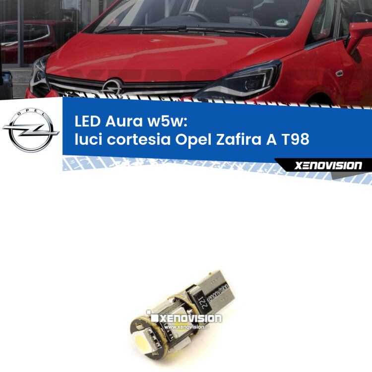 0 Luci Cortesia LED per Opel Zafira A T98 1999 - 2005: Aura w5w <strong>LED luci cortesia w5w per Opel Zafira A</strong> T98 1999 - 2005. Una lampadina <strong>w5w</strong> canbus luce bianca 6000k modello Aura Xenovision.