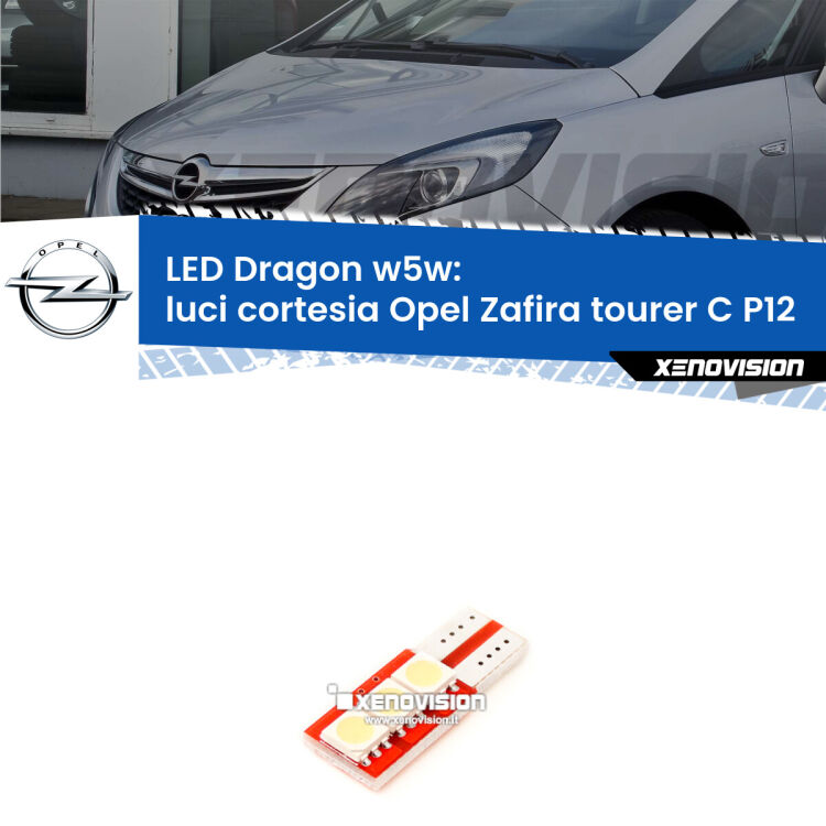 <strong>LED luci cortesia per Opel Zafira tourer C</strong> P12 in poi. Lampade <strong>W5W</strong> a illuminazione laterale modello Dragon Xenovision.