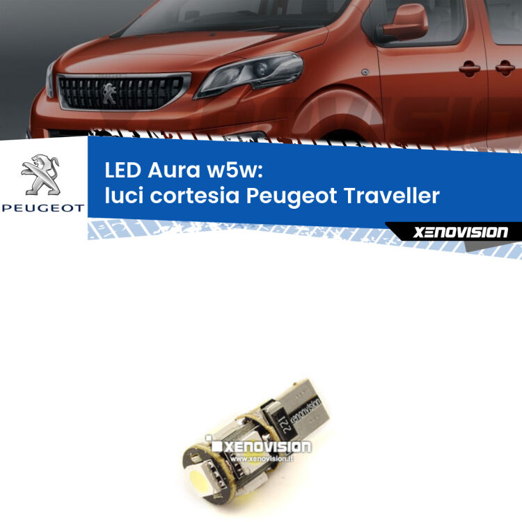 0 Luci Cortesia LED per Peugeot Traveller 2016 in poi: Aura w5w <strong>LED luci cortesia w5w per Peugeot Traveller</strong> 2016 in poi. Una lampadina <strong>w5w</strong> canbus luce bianca 6000k modello Aura Xenovision.