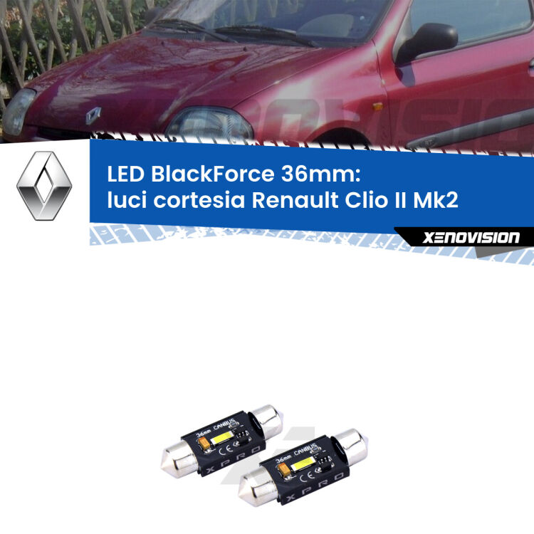 <strong>LED luci cortesia 36mm per Renault Clio II</strong> Mk2 1998 - 2004. Coppia lampadine <strong>C5W</strong>modello BlackForce Xenovision.