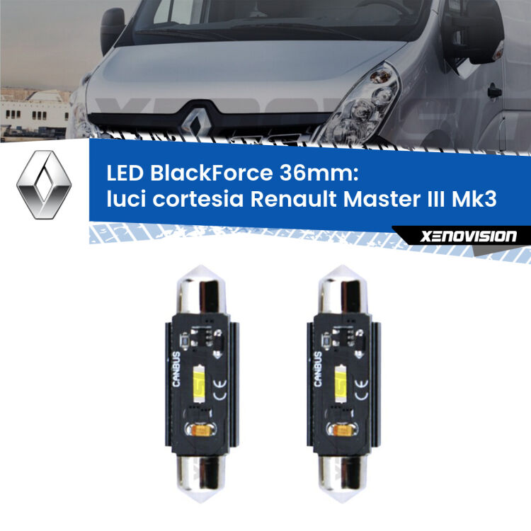 0 Luci Cortesia LED per Renault Master III Mk3 anteriori: C5W BlackForce 36mm (Coppia) <strong>Luci Cortesia LED per Renault Master III</strong> Mk3 anteriori. Coppia lampade <strong>C5W</strong> 36mm modello BlackForce canbus.