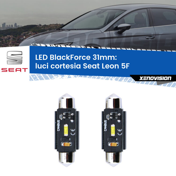 Luci Cortesia LED per Seat Leon 5F posteriori: C5W BlackForce 31mm (Coppia) <strong>Luci Cortesia LED per Seat Leon</strong> 5F posteriori. Coppia lampade <strong>C5W</strong> 31mm modello BlackForce canbus.