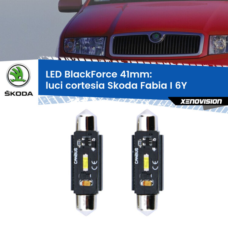 0 Luci Cortesia LED per Skoda Fabia I 6Y 1999 - 2006: C5W BlackForce 41mm (Coppia) <strong>Luci Cortesia LED per Skoda Fabia I</strong> 6Y 1999 - 2006. Coppia lampade <strong>C5W</strong> 41mm modello BlackForce canbus.