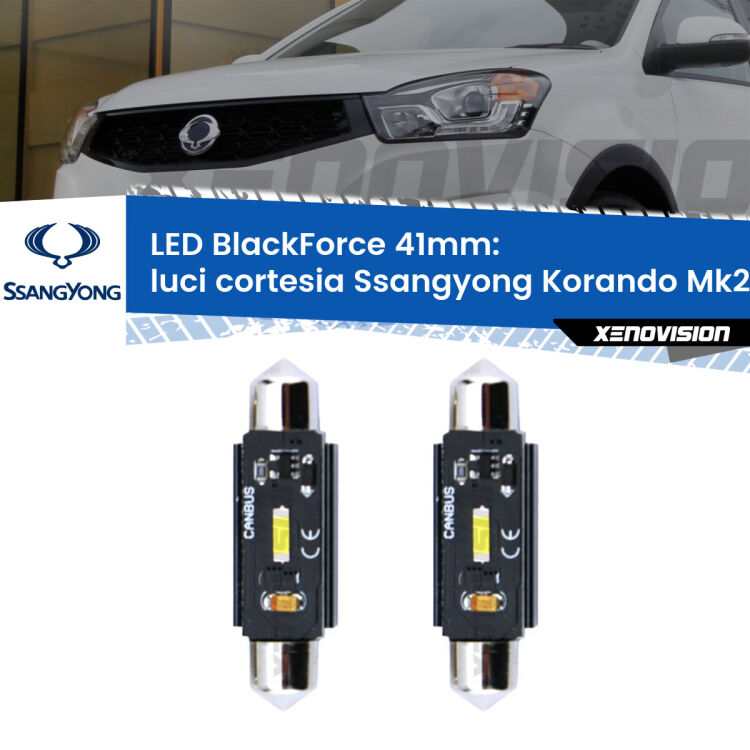 0 Luci Cortesia LED per Ssangyong Korando Mk2 1996 - 2006: C5W BlackForce 41mm (Coppia) <strong>Luci Cortesia LED per Ssangyong Korando</strong> Mk2 1996 - 2006. Coppia lampade <strong>C5W</strong> 41mm modello BlackForce canbus.