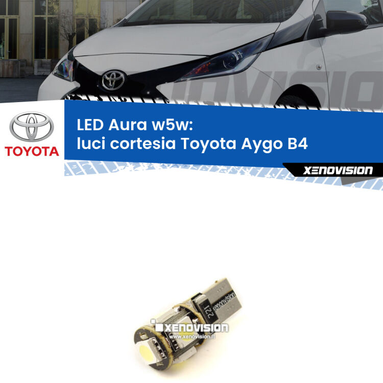 0 Luci Cortesia LED per Toyota Aygo B4 2014 in poi: Aura w5w <strong>LED luci cortesia w5w per Toyota Aygo</strong> B4 2014 in poi. Una lampadina <strong>w5w</strong> canbus luce bianca 6000k modello Aura Xenovision.