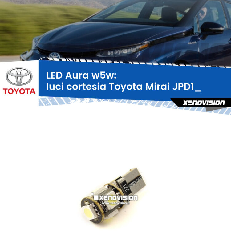 0 Luci Cortesia LED per Toyota Mirai JPD1_ anteriori: Aura w5w <strong>LED luci cortesia w5w per Toyota Mirai</strong> JPD1_ anteriori. Una lampadina <strong>w5w</strong> canbus luce bianca 6000k modello Aura Xenovision.
