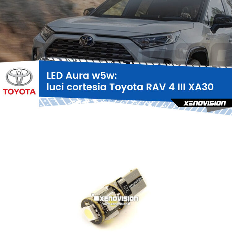 0 Luci Cortesia LED per Toyota RAV 4 III XA30 anteriori: Aura w5w <strong>LED luci cortesia w5w per Toyota RAV 4 III</strong> XA30 anteriori. Una lampadina <strong>w5w</strong> canbus luce bianca 6000k modello Aura Xenovision.