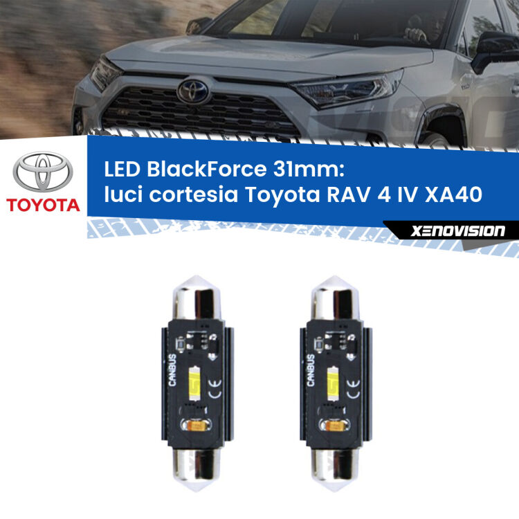 Luci Cortesia LED per Toyota RAV 4 IV XA40 posteriori: C5W BlackForce 31mm (Coppia) <strong>Luci Cortesia LED per Toyota RAV 4 IV</strong> XA40 posteriori. Coppia lampade <strong>C5W</strong> 31mm modello BlackForce canbus.