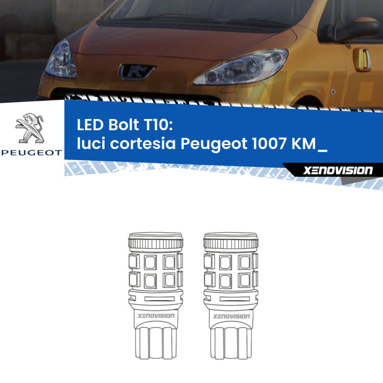 0 Luci Cortesia LED Peugeot 1007 KM_ 2005 - 2009: T10 Bolt <strong>Luci Cortesia LED per Peugeot 1007</strong> KM_ 2005 - 2009. Coppia lampade <strong>T10</strong> modello Bolt canbus.