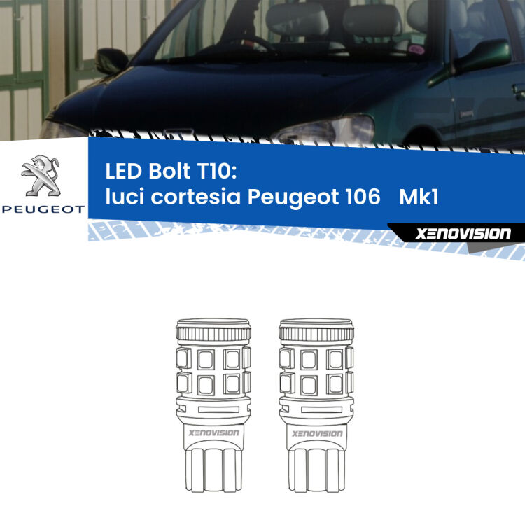 0 Luci Cortesia LED Peugeot 106 Mk1 1991 - 1996: T10 Bolt <strong>Luci Cortesia LED per Peugeot 106 </strong> Mk1 1991 - 1996. Coppia lampade <strong>T10</strong> modello Bolt canbus.