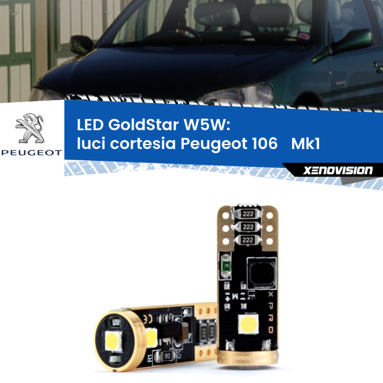 0 Luci Cortesia LED Peugeot 106 Mk1 1991 - 1996: T10 GoldStar <strong>Luci Cortesia LED Peugeot 106 </strong> Mk1 1991 - 1996: ottima luminosità a 360 gradi. Si inseriscono ovunque. Canbus, Top Quality.