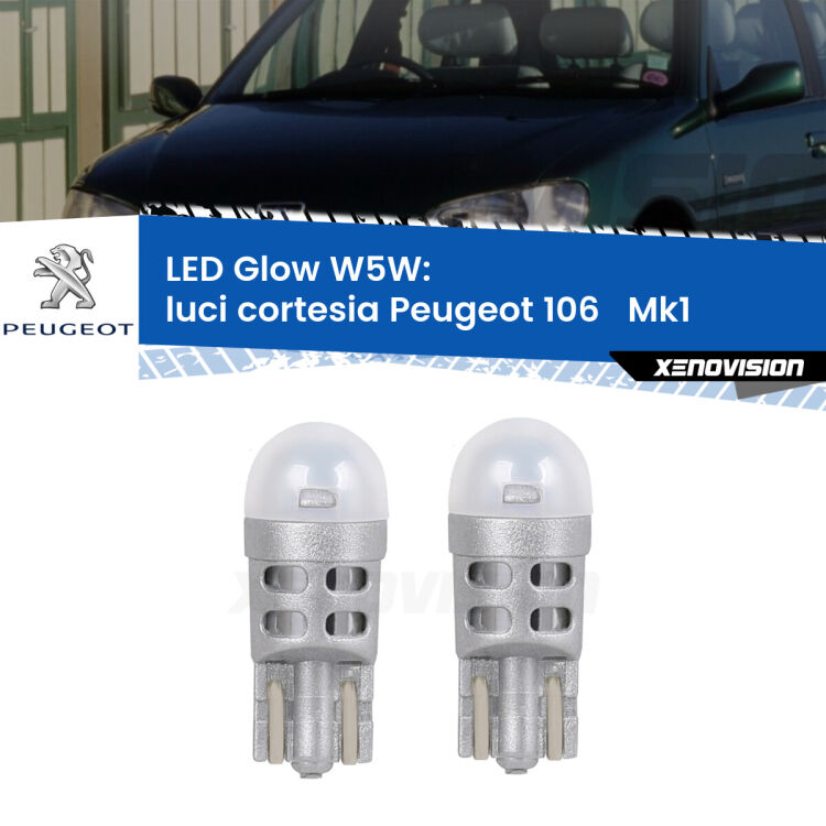 0 Luci Cortesia LED Peugeot 106 Mk1 1991 - 1996: W5W Glow a Luce Calda <strong>Luci Cortesia LED luce calda per Peugeot 106 </strong> Mk1 1991 - 1996. Coppia lampade <strong>W5W</strong> modello Glow di Xenovision.