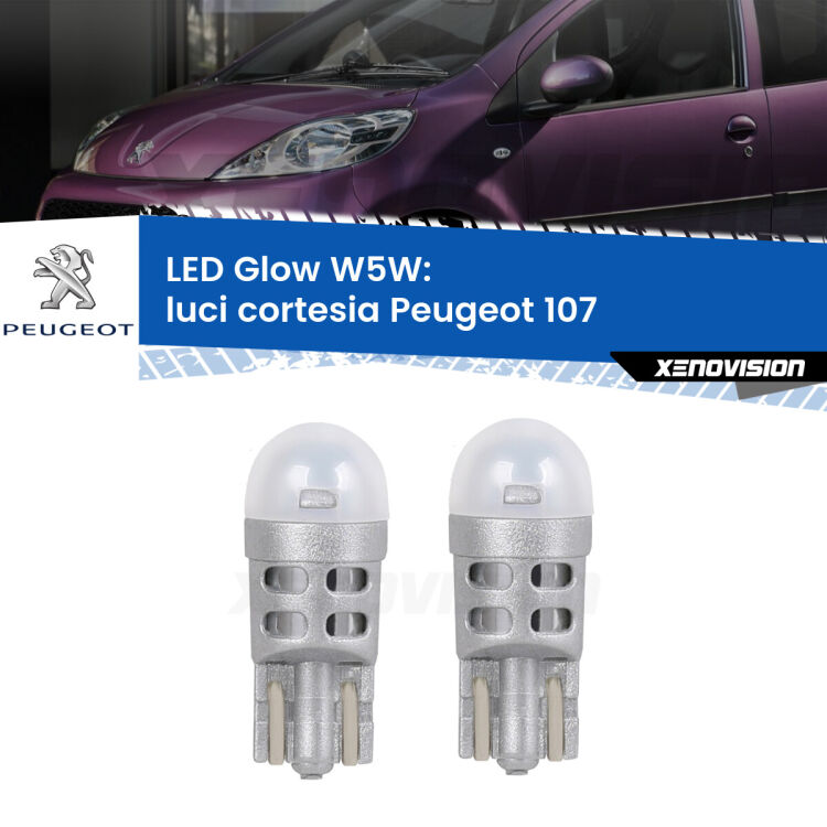 0 Luci Cortesia LED Peugeot 107 2005 - 2014: W5W Glow a Luce Calda <strong>Luci Cortesia LED luce calda per Peugeot 107</strong> 2005 - 2014. Coppia lampade <strong>W5W</strong> modello Glow di Xenovision.