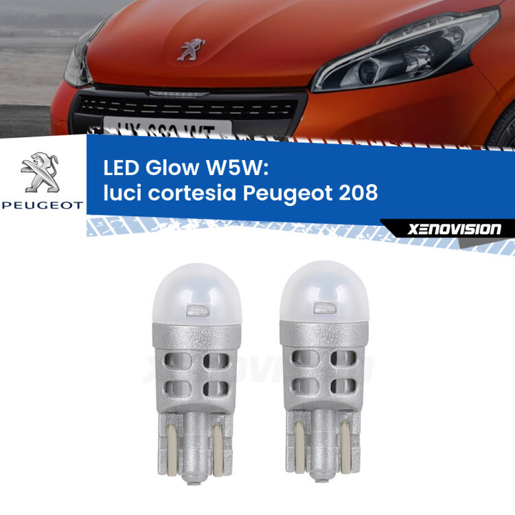 0 Luci Cortesia LED Peugeot 208 2012 - 2018: W5W Glow a Luce Calda <strong>Luci Cortesia LED luce calda per Peugeot 208</strong> 2012 - 2018. Coppia lampade <strong>W5W</strong> modello Glow di Xenovision.