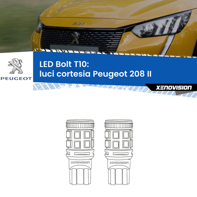 0 Luci Cortesia LED Peugeot 208 II 2019 in poi: T10 Bolt <strong>Luci Cortesia LED per Peugeot 208</strong> II 2019 in poi. Coppia lampade <strong>T10</strong> modello Bolt canbus.