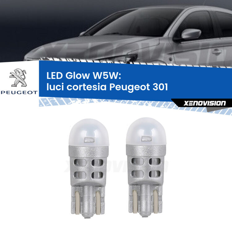 0 Luci Cortesia LED Peugeot 301 2012 - 2017: W5W Glow a Luce Calda <strong>Luci Cortesia LED luce calda per Peugeot 301</strong> 2012 - 2017. Coppia lampade <strong>W5W</strong> modello Glow di Xenovision.