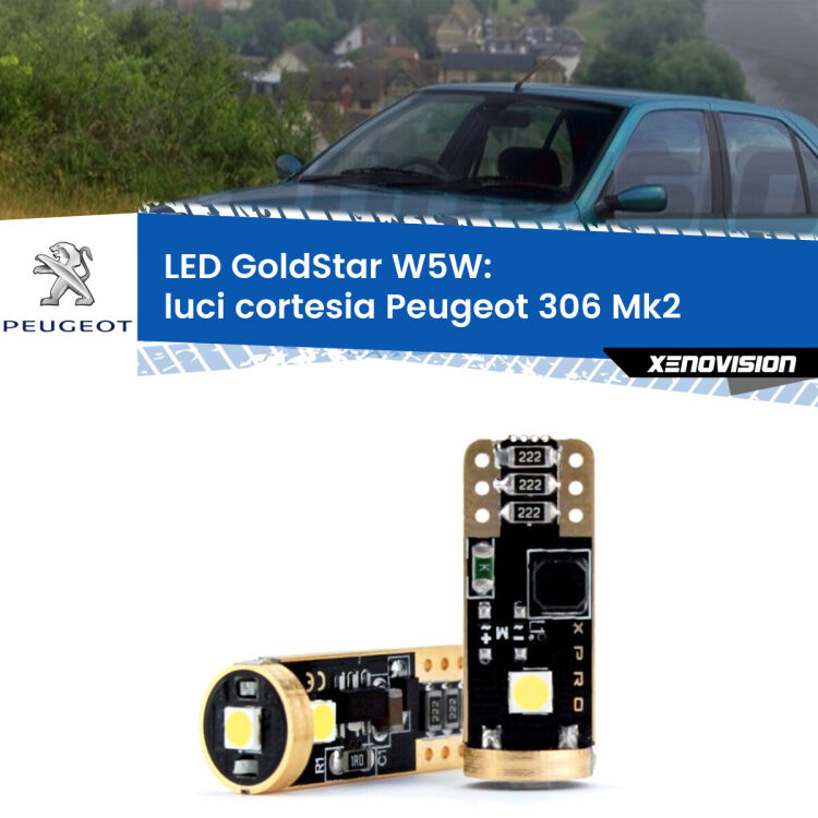 0 Luci Cortesia LED Peugeot 306 Mk2 1997 - 1999: T10 GoldStar <strong>Luci Cortesia LED Peugeot 306</strong> Mk2 1997 - 1999: ottima luminosità a 360 gradi. Si inseriscono ovunque. Canbus, Top Quality.