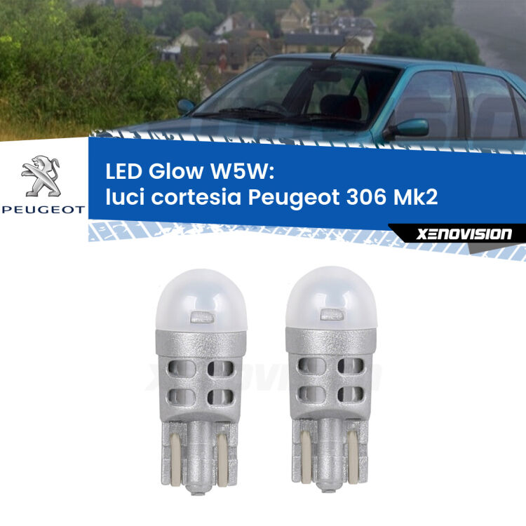 0 Luci Cortesia LED Peugeot 306 Mk2 1997 - 1999: W5W Glow a Luce Calda <strong>Luci Cortesia LED luce calda per Peugeot 306</strong> Mk2 1997 - 1999. Coppia lampade <strong>W5W</strong> modello Glow di Xenovision.