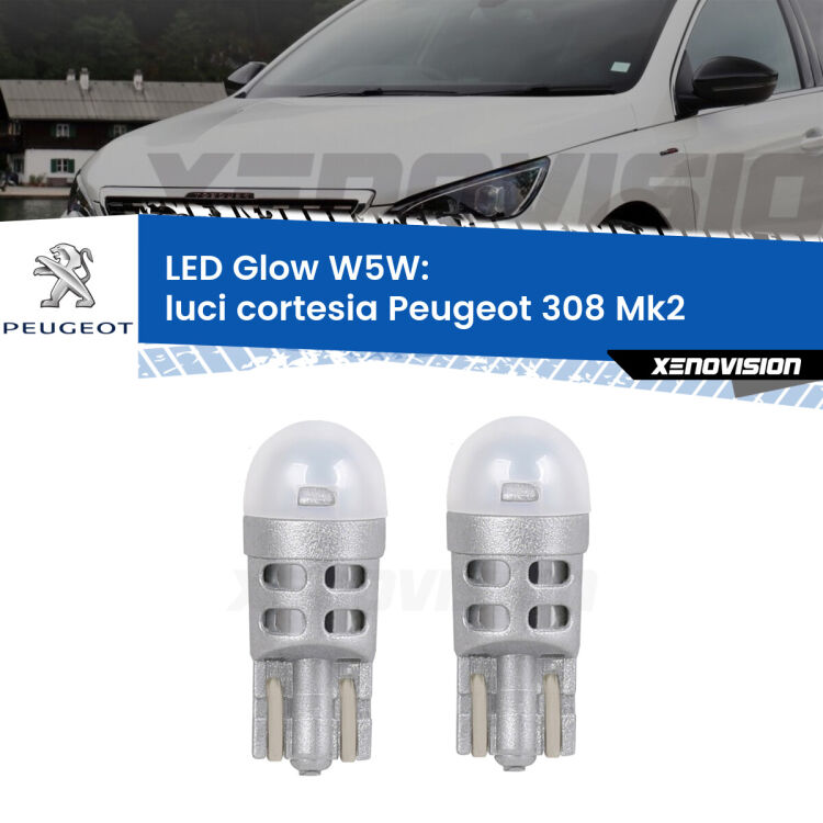 0 Luci Cortesia LED Peugeot 308 Mk2 2013 - 2019: W5W Glow a Luce Calda <strong>Luci Cortesia LED luce calda per Peugeot 308</strong> Mk2 2013 - 2019. Coppia lampade <strong>W5W</strong> modello Glow di Xenovision.