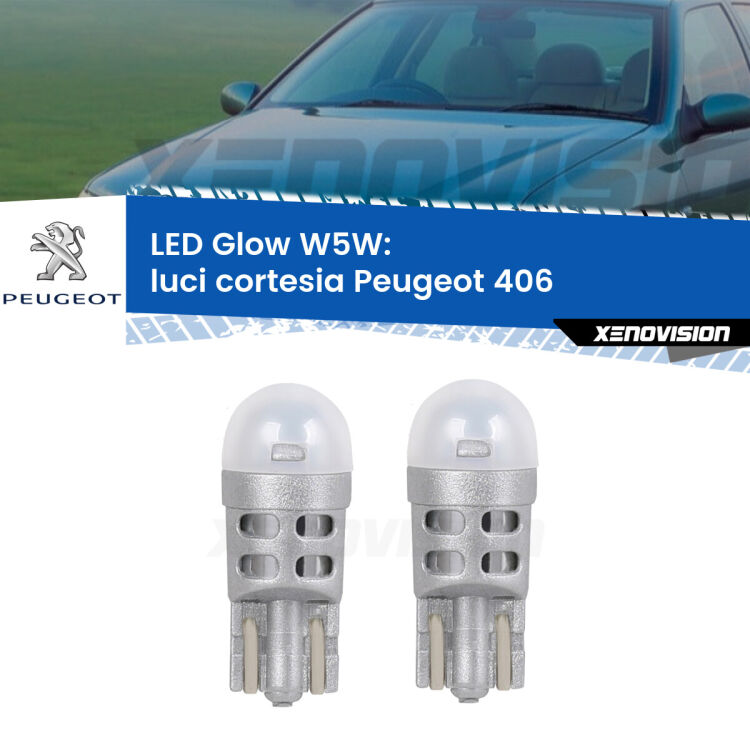 0 Luci Cortesia LED Peugeot 406 1995 - 2004: W5W Glow a Luce Calda <strong>Luci Cortesia LED luce calda per Peugeot 406</strong> 1995 - 2004. Coppia lampade <strong>W5W</strong> modello Glow di Xenovision.
