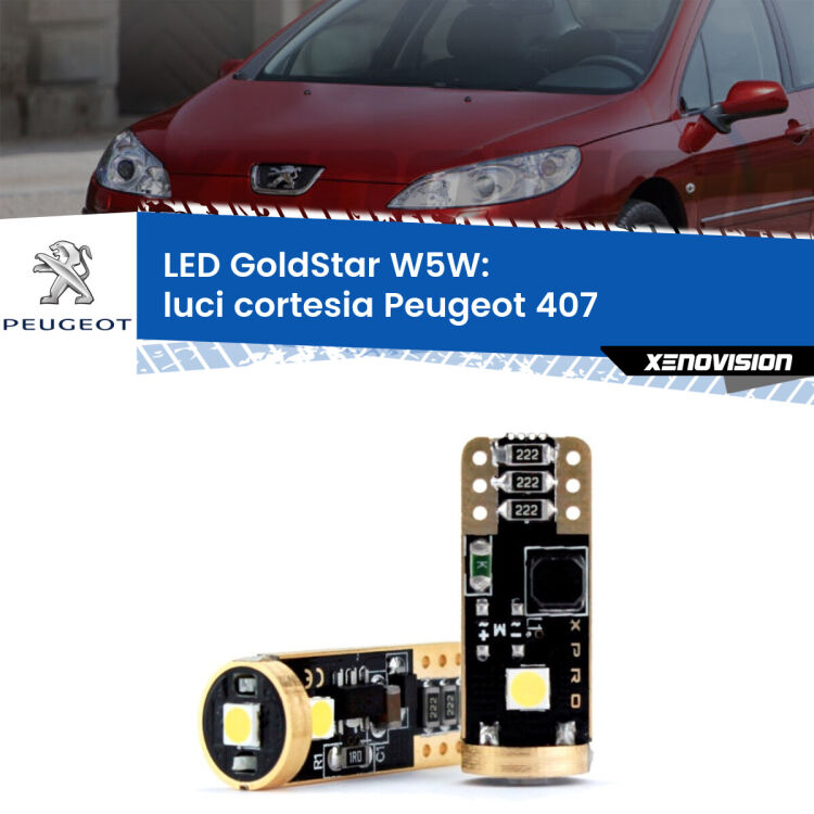 0 Luci Cortesia LED Peugeot 407 2004 - 2011: T10 GoldStar <strong>Luci Cortesia LED Peugeot 407</strong> 2004 - 2011: ottima luminosità a 360 gradi. Si inseriscono ovunque. Canbus, Top Quality.