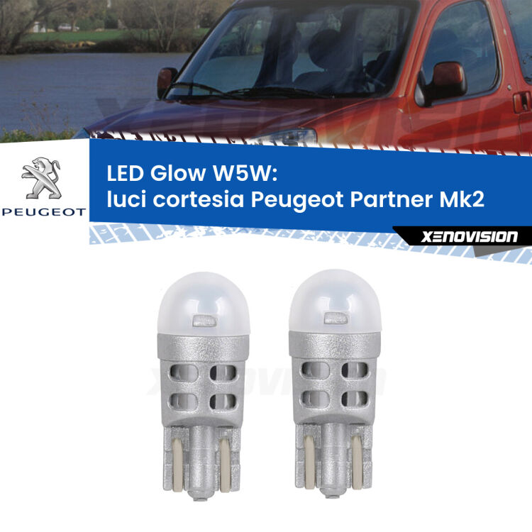 0 Luci Cortesia LED Peugeot Partner Mk2 2008 - 2016: W5W Glow a Luce Calda <strong>Luci Cortesia LED luce calda per Peugeot Partner</strong> Mk2 2008 - 2016. Coppia lampade <strong>W5W</strong> modello Glow di Xenovision.