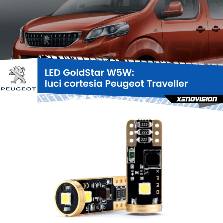 0 Luci Cortesia LED Peugeot Traveller 2016 in poi: T10 GoldStar <strong>Luci Cortesia LED Peugeot Traveller</strong> 2016 in poi: ottima luminosità a 360 gradi. Si inseriscono ovunque. Canbus, Top Quality.