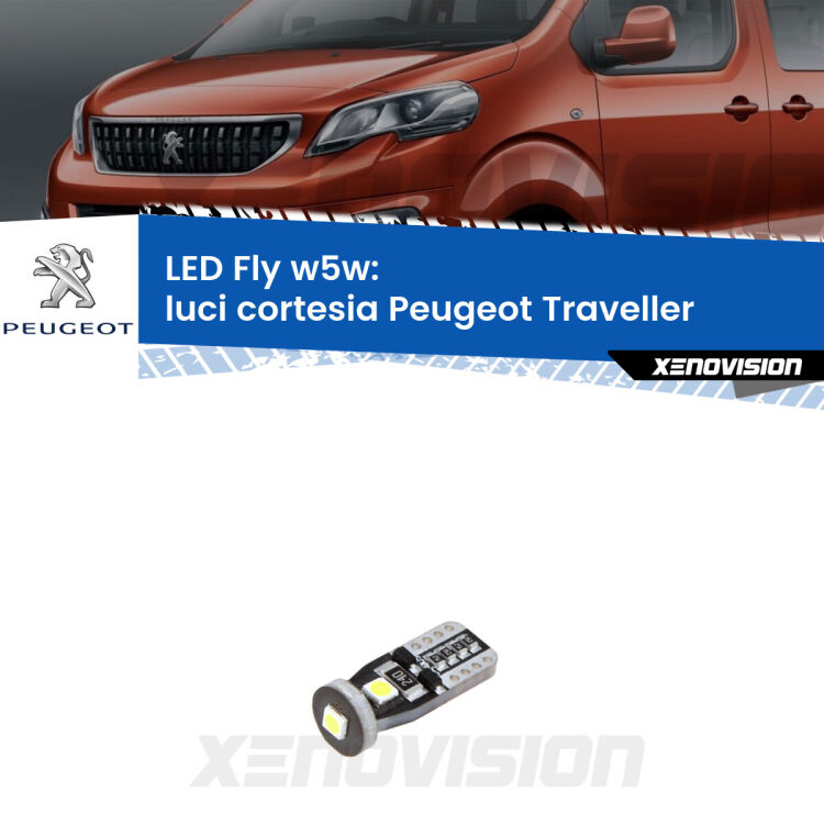 <strong>luci cortesia LED per Peugeot Traveller</strong>  2016 in poi. Coppia lampadine <strong>w5w</strong> Canbus compatte modello Fly Xenovision.