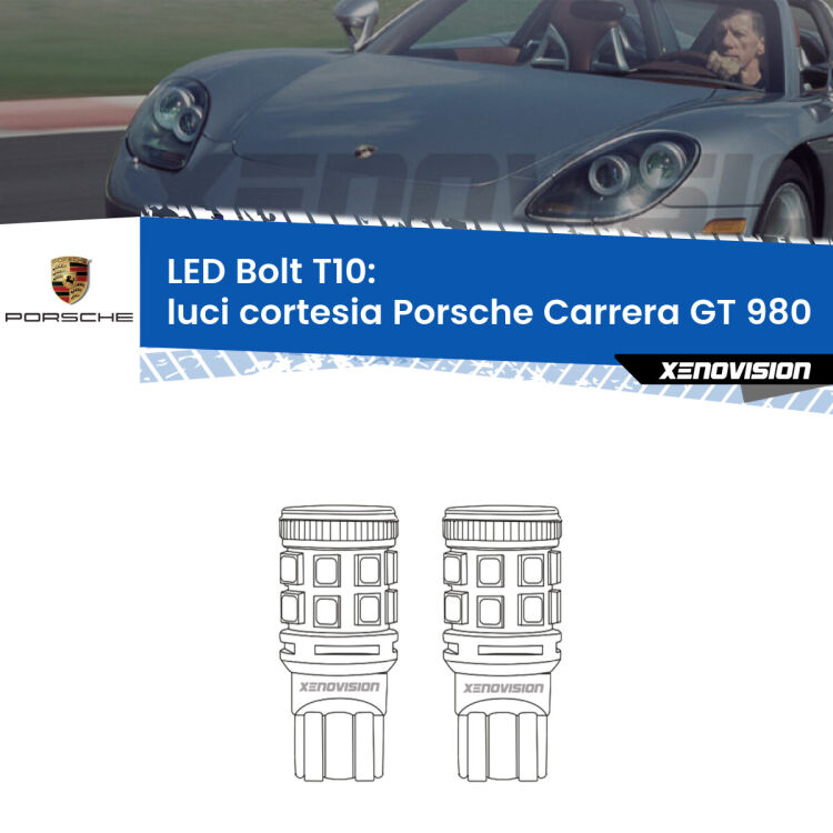 Luci Cortesia LED Porsche Carrera GT 980 2003 - 2006: T10 Bolt <strong>Luci Cortesia LED per Porsche Carrera GT</strong> 980 2003 - 2006. Coppia lampade <strong>T10</strong> modello Bolt canbus.
