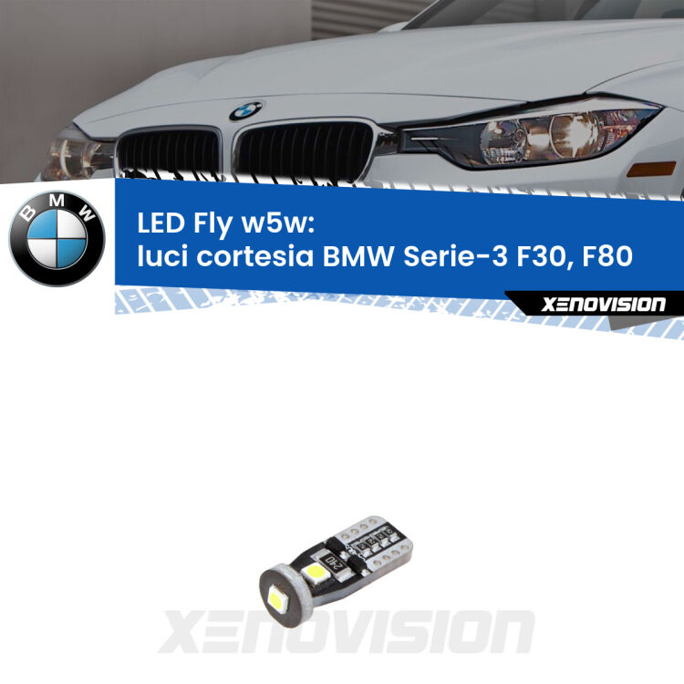 <strong>luci cortesia LED per BMW Serie-3</strong> F30, F80 posteriori. Coppia lampadine <strong>w5w</strong> Canbus compatte modello Fly Xenovision.
