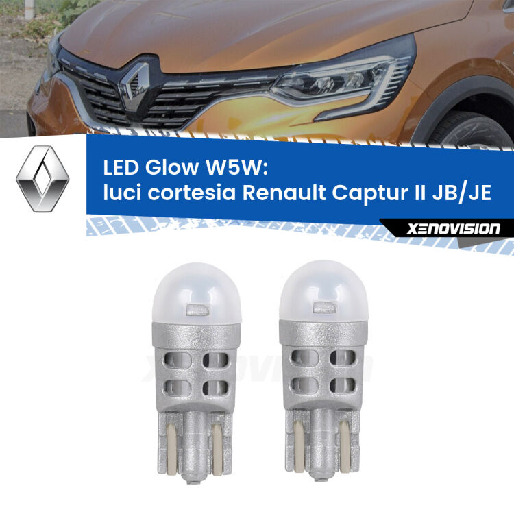 Luci Cortesia LED Renault Captur II JB/JE 2019 in poi: W5W Glow a Luce Calda <strong>Luci Cortesia LED luce calda per Renault Captur II</strong> JB/JE 2019 in poi. Coppia lampade <strong>W5W</strong> modello Glow di Xenovision.
