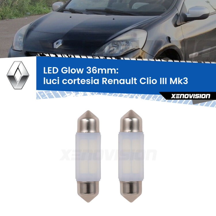 Luci Cortesia LED Renault Clio III  2005 - 2011: C5W Glow a Luce Calda (Coppia) <strong>Luci Cortesia LED luce calda per Renault Clio III</strong>  2005 - 2011. Coppia lampade <strong>C5W</strong> 36mm modello Glow di Xenovision.