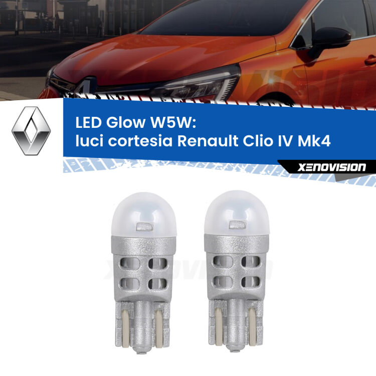 Luci Cortesia LED Renault Clio IV  2012 - 2018: W5W Glow a Luce Calda <strong>Luci Cortesia LED luce calda per Renault Clio IV</strong>  2012 - 2018. Coppia lampade <strong>W5W</strong> modello Glow di Xenovision.