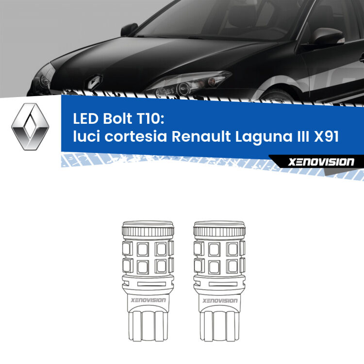 0 Luci Cortesia LED Renault Laguna III X91 2007 - 2015: T10 Bolt <strong>Luci Cortesia LED per Renault Laguna III</strong> X91 2007 - 2015. Coppia lampade <strong>T10</strong> modello Bolt canbus.