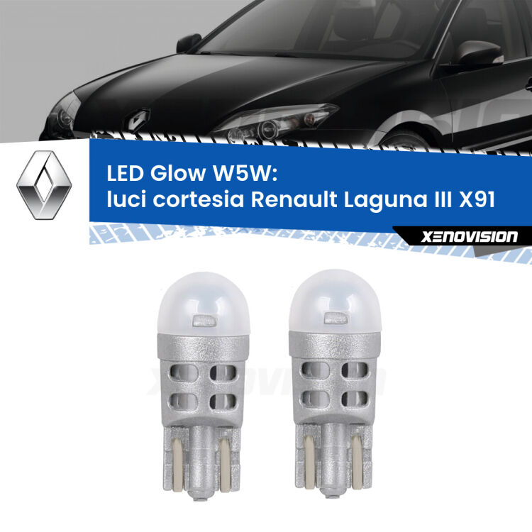 Luci Cortesia LED Renault Laguna III X91 2007 - 2015: W5W Glow a Luce Calda <strong>Luci Cortesia LED luce calda per Renault Laguna III</strong> X91 2007 - 2015. Coppia lampade <strong>W5W</strong> modello Glow di Xenovision.