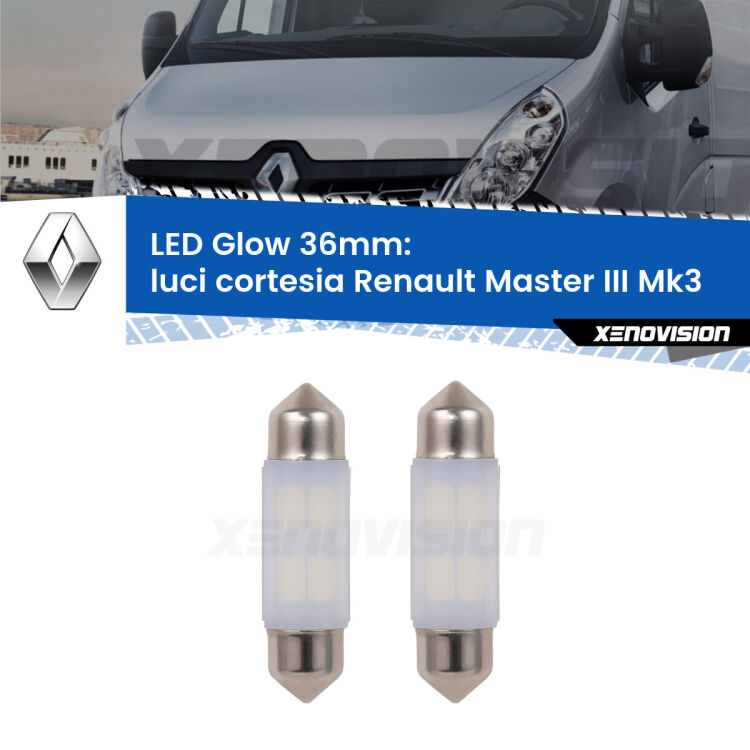 Luci Cortesia LED Renault Master III Mk3 anteriori: C5W Glow a Luce Calda (Coppia) <strong>Luci Cortesia LED luce calda per Renault Master III</strong> Mk3 anteriori. Coppia lampade <strong>C5W</strong> 36mm modello Glow di Xenovision.