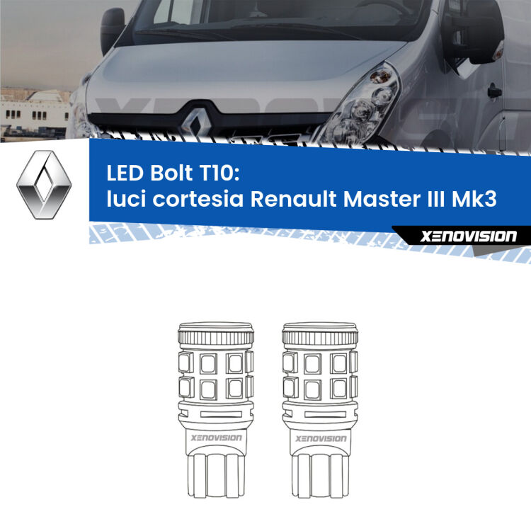 0 Luci Cortesia LED Renault Master III Mk3 posteriori: T10 Bolt <strong>Luci Cortesia LED per Renault Master III</strong> Mk3 posteriori. Coppia lampade <strong>T10</strong> modello Bolt canbus.