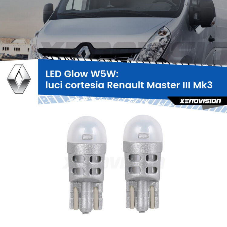 Luci Cortesia LED Renault Master III Mk3 posteriori: W5W Glow a Luce Calda <strong>Luci Cortesia LED luce calda per Renault Master III</strong> Mk3 posteriori. Coppia lampade <strong>W5W</strong> modello Glow di Xenovision.