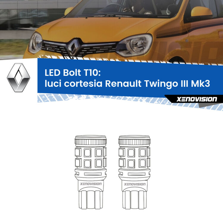 0 Luci Cortesia LED Renault Twingo III Mk3 2014 - 2021: T10 Bolt <strong>Luci Cortesia LED per Renault Twingo III</strong> Mk3 2014 - 2021. Coppia lampade <strong>T10</strong> modello Bolt canbus.